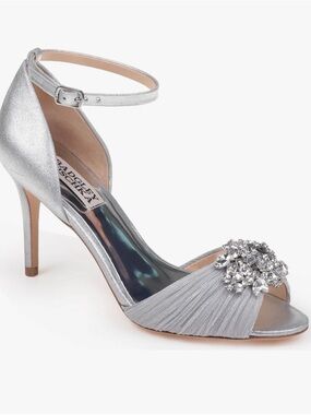 Badgley Mischka Silver Crystal-Petal Open-Toe Ankle-Strap Heel